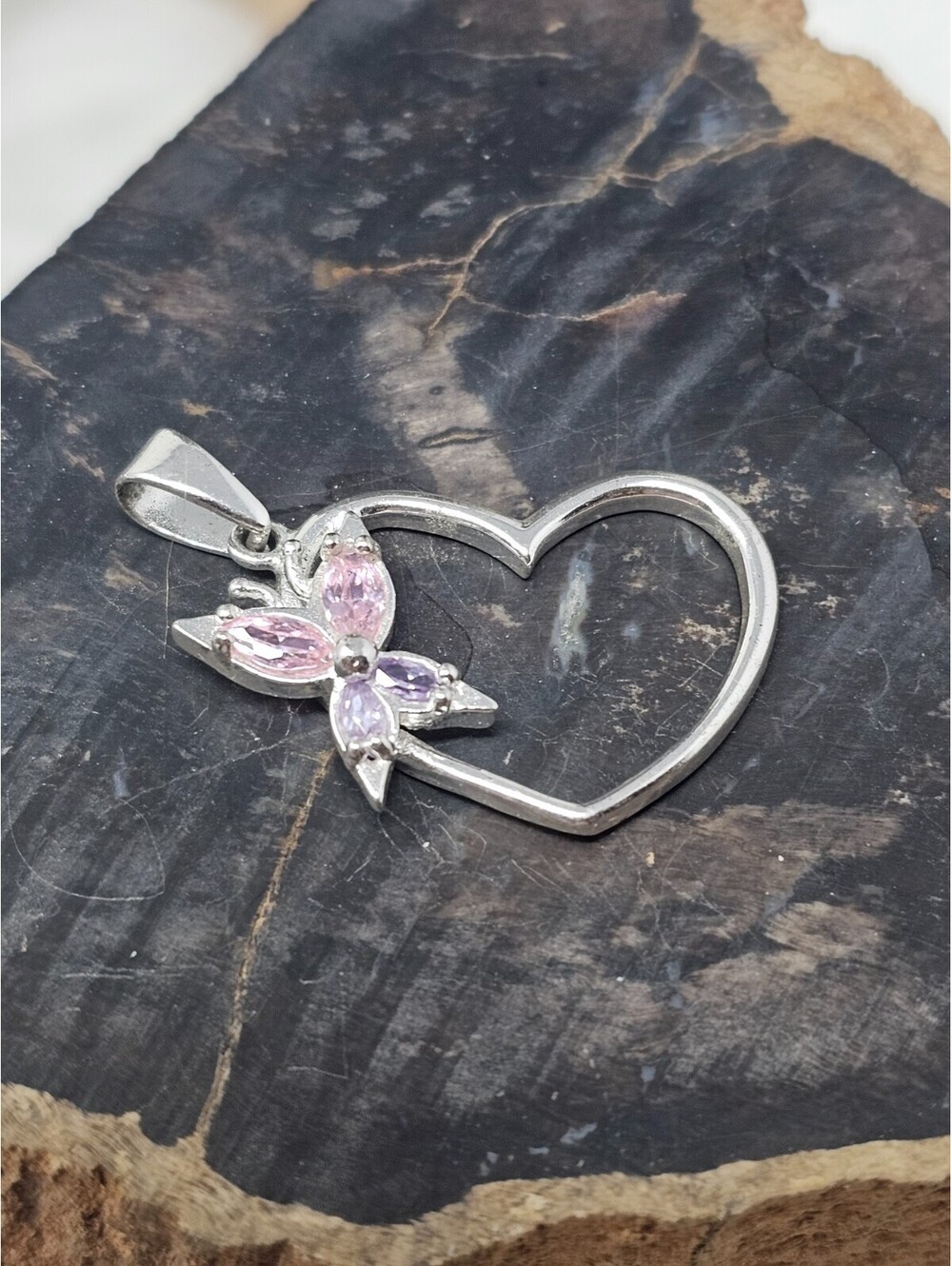 925 Silver Pink Purple CZ Butterfly Open Heart Pendant Thai